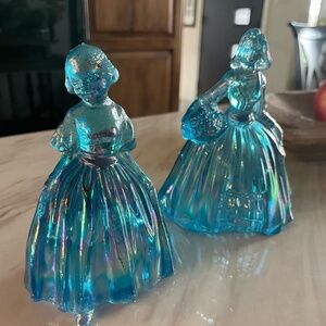 SET OF 2 BLUE  IRIDESCENT GLASS SOUTHERN BELLE FIGURES